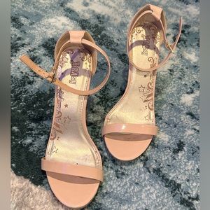 Nude beige open toe ankle strap stiletto ultra high heels in size 8W